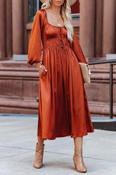 Vestido midi de manga larga con cordón y bolsillo de satén